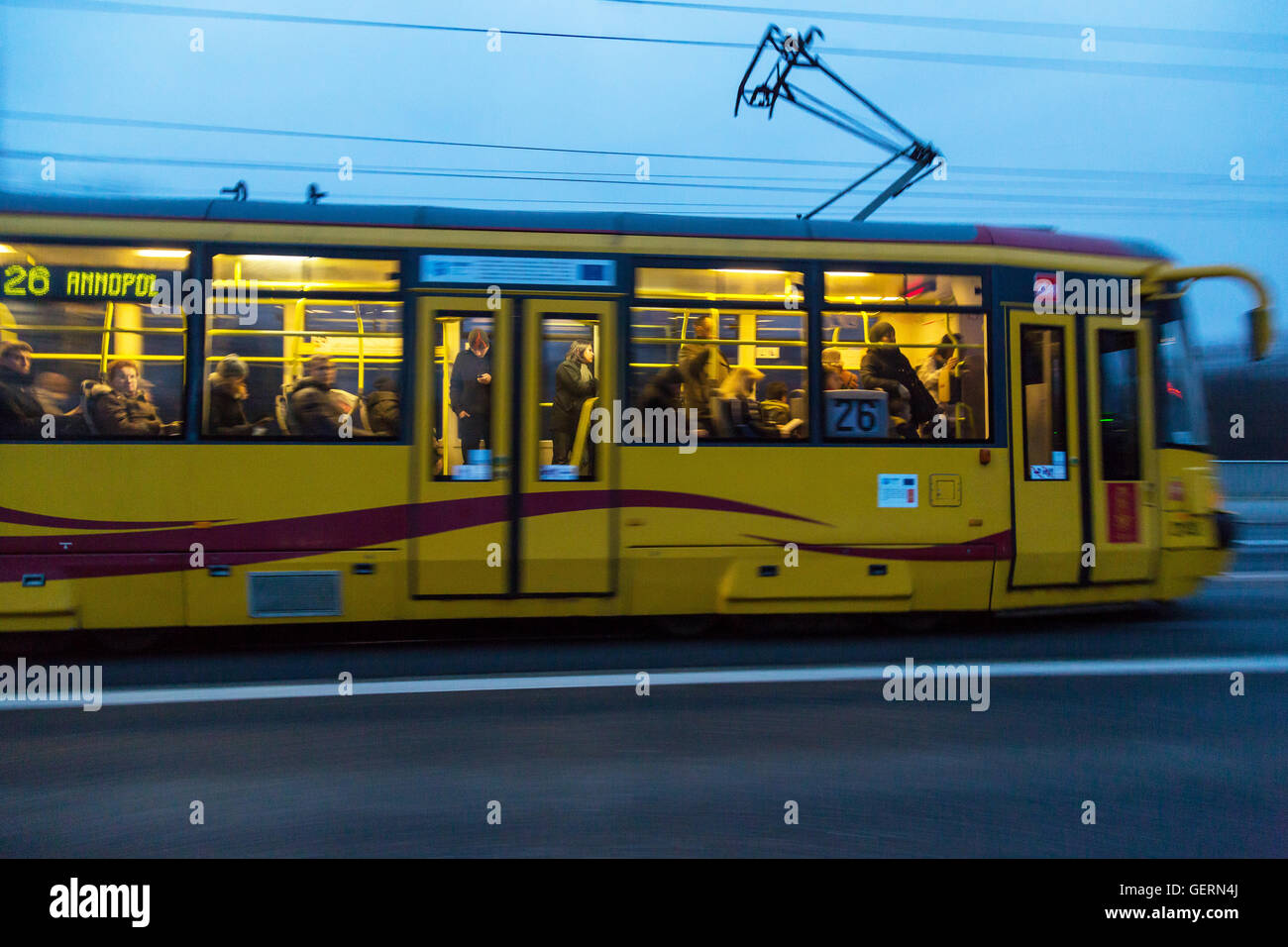 Warsaw, Poland, train the tram line 26 in the evening Stock Photo