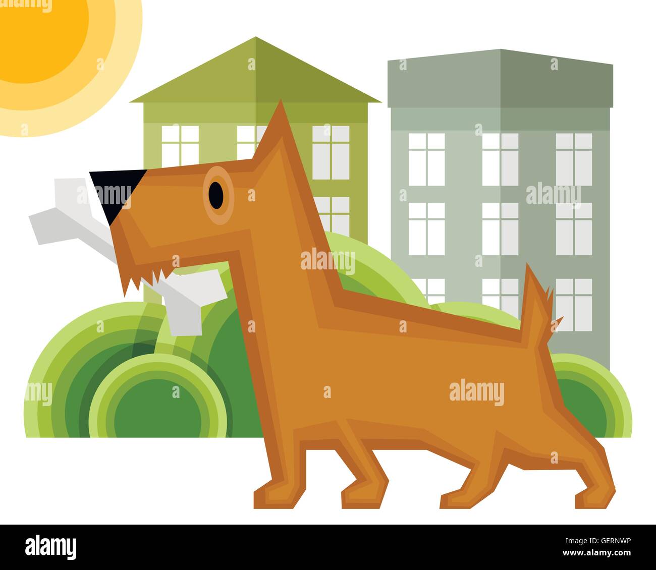 Vector illustration of a dog with bone on the yard Stock Vector