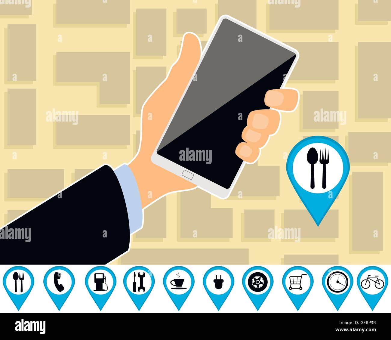 Vector illustration of a hand with smartphone and map Stock Vector ...