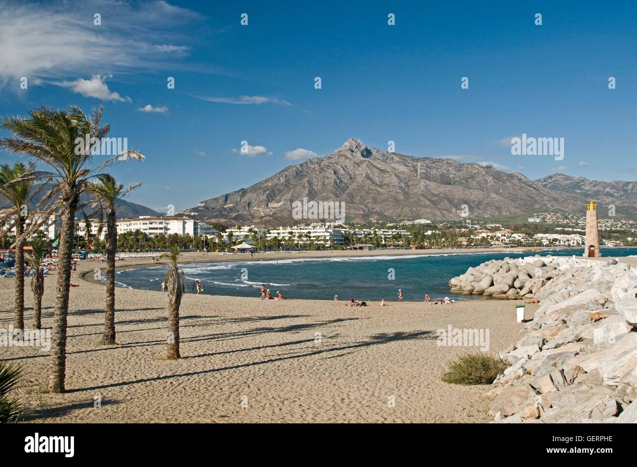 geography / travel, Spain, province of Malaga, Andalusia, Marbella, Puerto Banus, beach, Sierra Blanca, La concha, Stock Photo