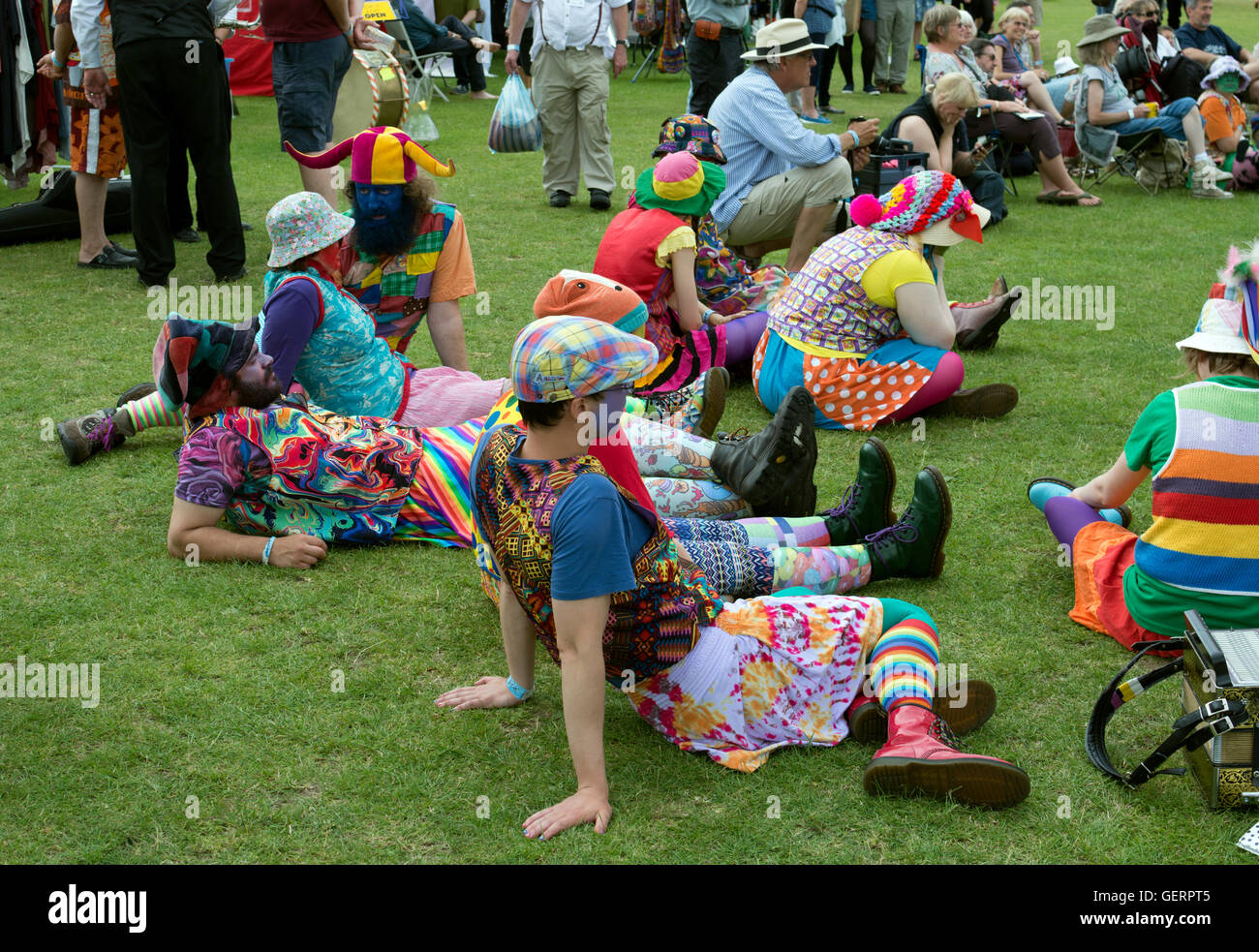 Gog Magog Molly dancers relaxing at Warwick Folk Festival, UK Stock Photo