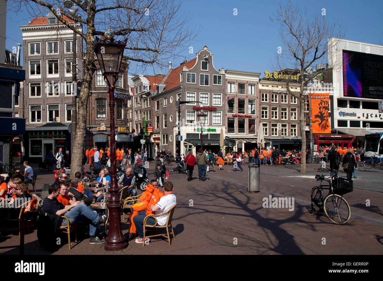 geography / travel, Netherlands, Amsterdam, Rembrandt Plein, pavement cafe, football fan people, Oranje, Stock Photo