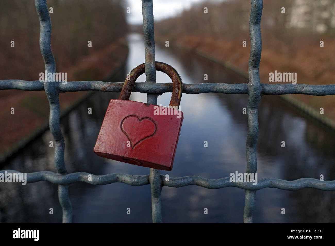 Berlin, Germany, love lock hangs on a grid Stock Photo