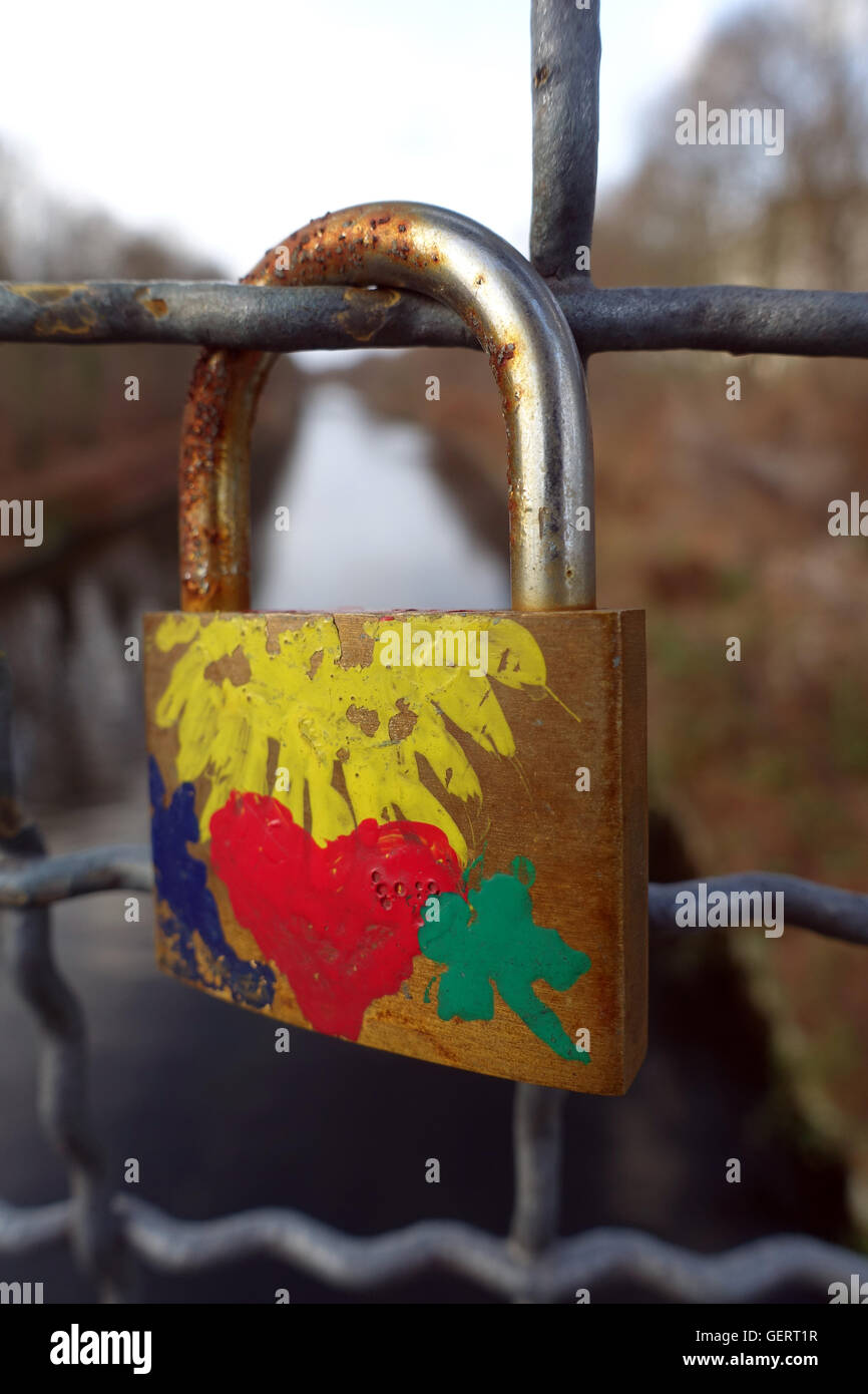 Berlin, Germany, love lock hangs on a grid Stock Photo