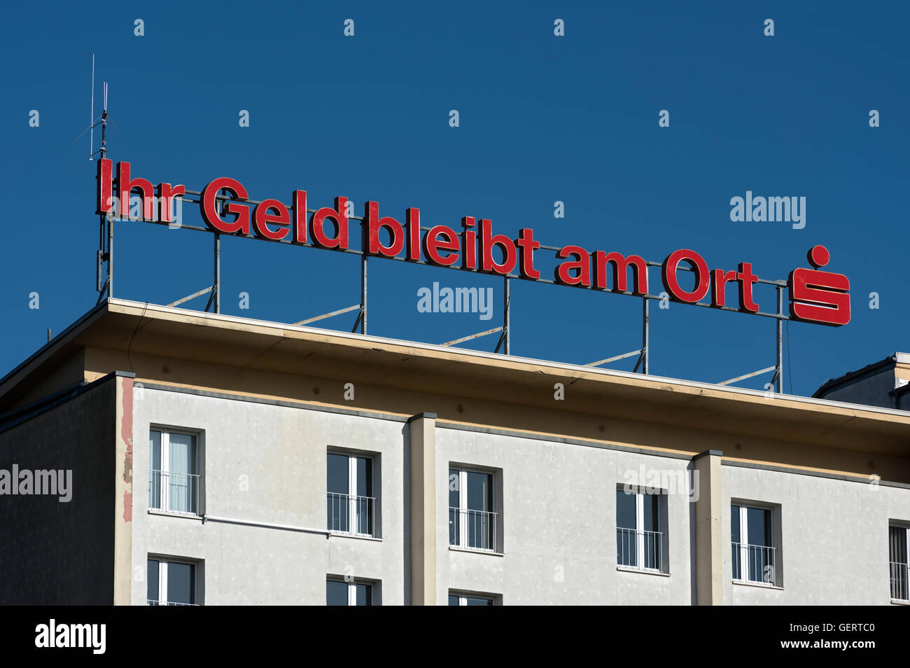Cottbus, Germany, Advertising Sparkasse Spree-Neisse on a roof Stock Photo