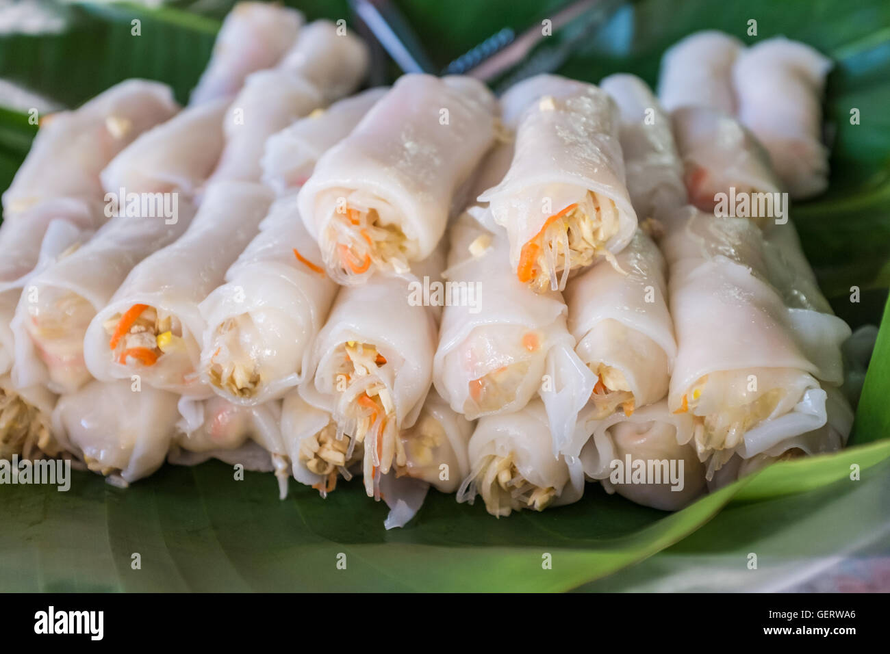 Rice noodle spring rolls, street food Chiang Mai,Thailand Stock Photo