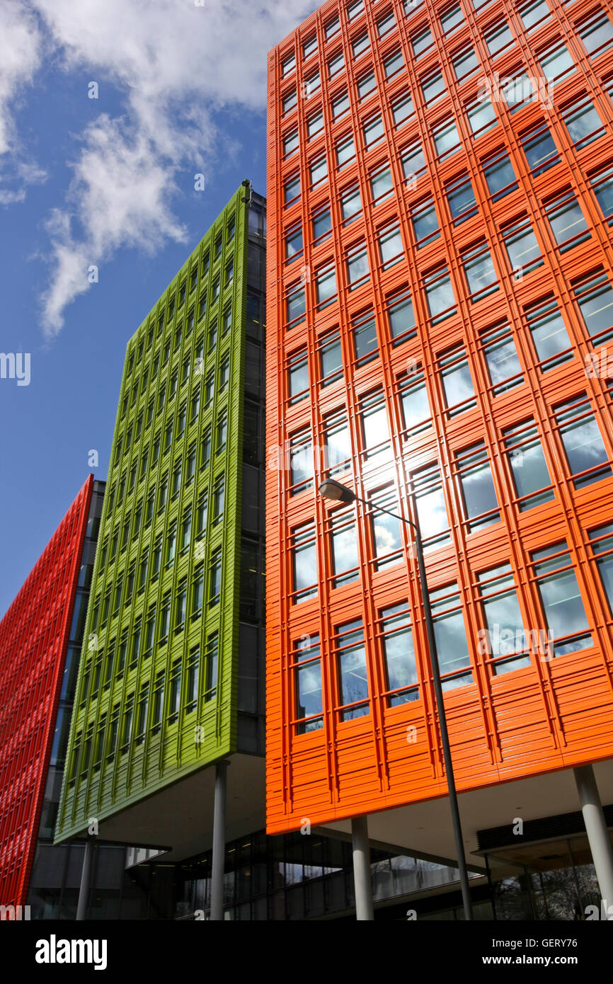 Brightly coloured modern buildings called St Giles Court. Stock Photo