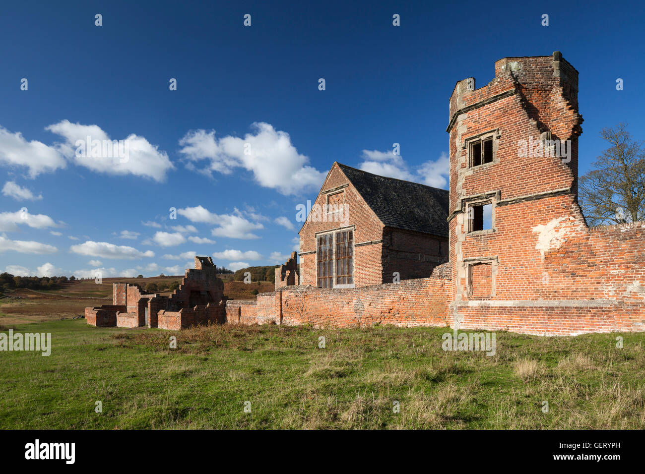 The brick ruins of Bradgate House within Bradgate Park in