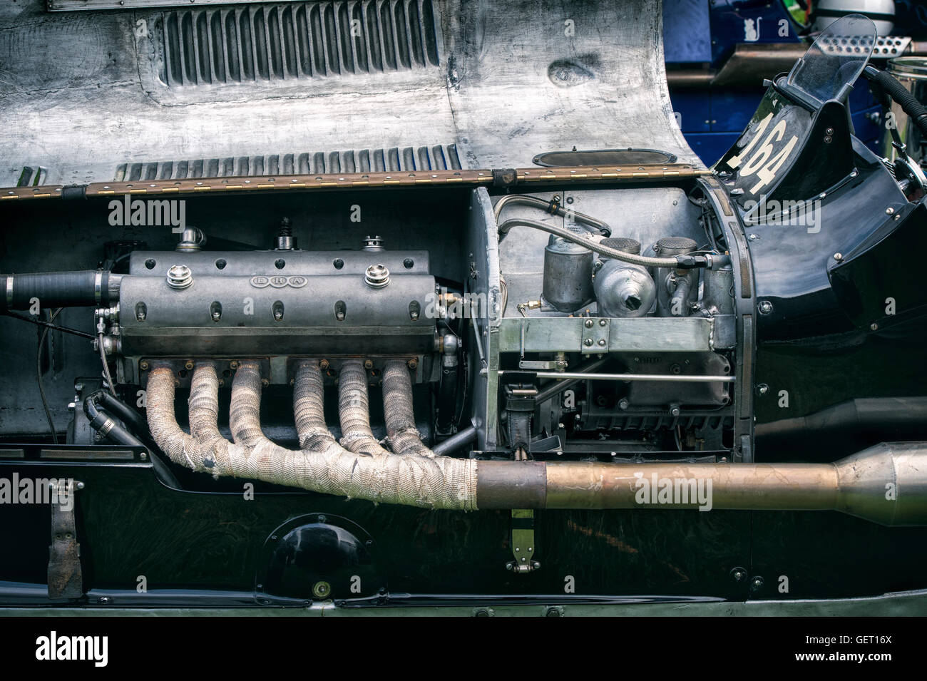 1938 ERA R4D 2-Litre supercharged engine detail. UK. Vintage filter applied Stock Photo