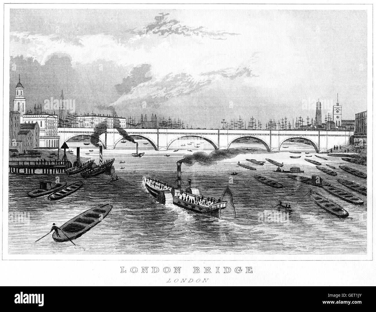 An engraving of London Bridge, London scanned at high resolution from a book printed in 1846. Believed to be copyright free. Stock Photo