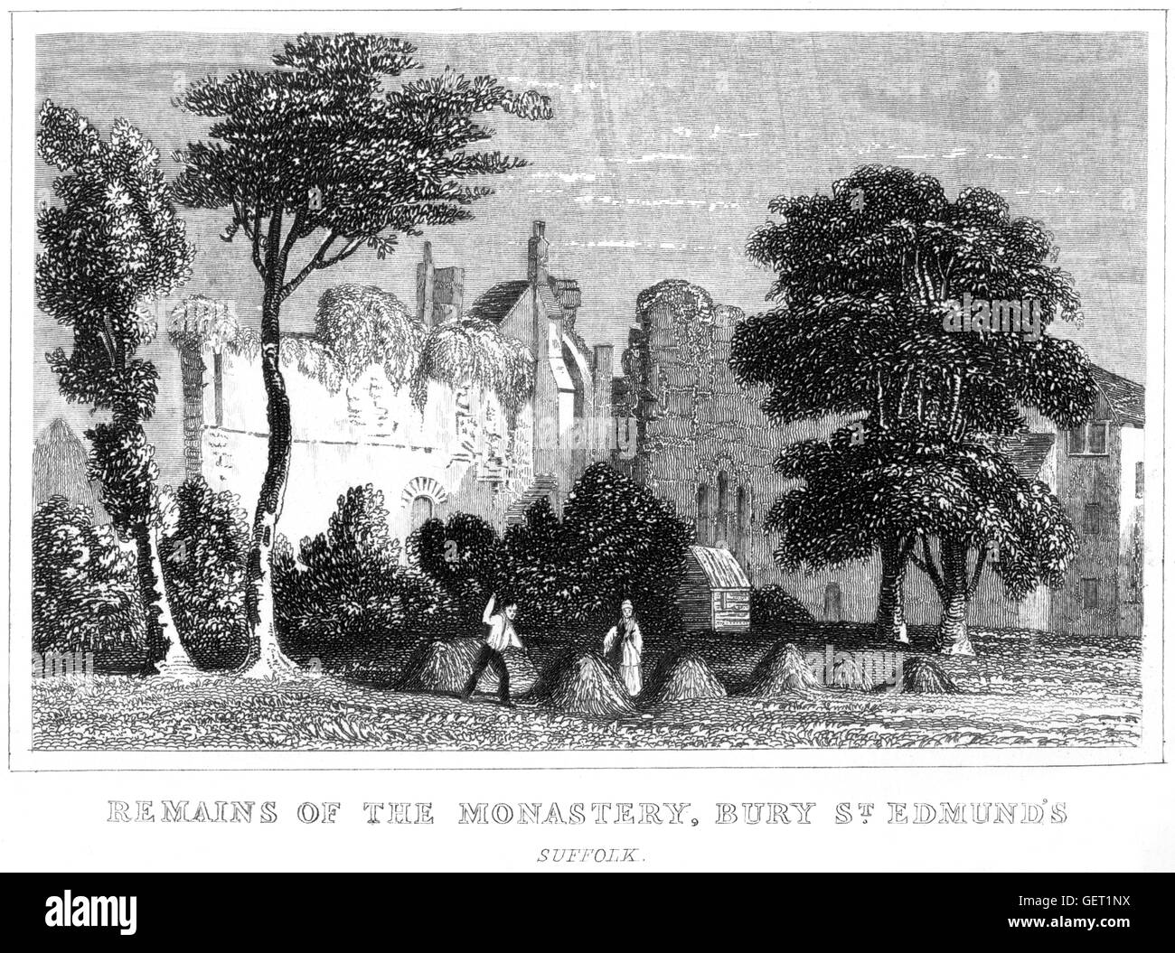Engraving of the Remains of the Monastery, Bury St. Edmunds, Suffolk scanned at high resolution from a book printed in 1846. Believed copyright free. Stock Photo