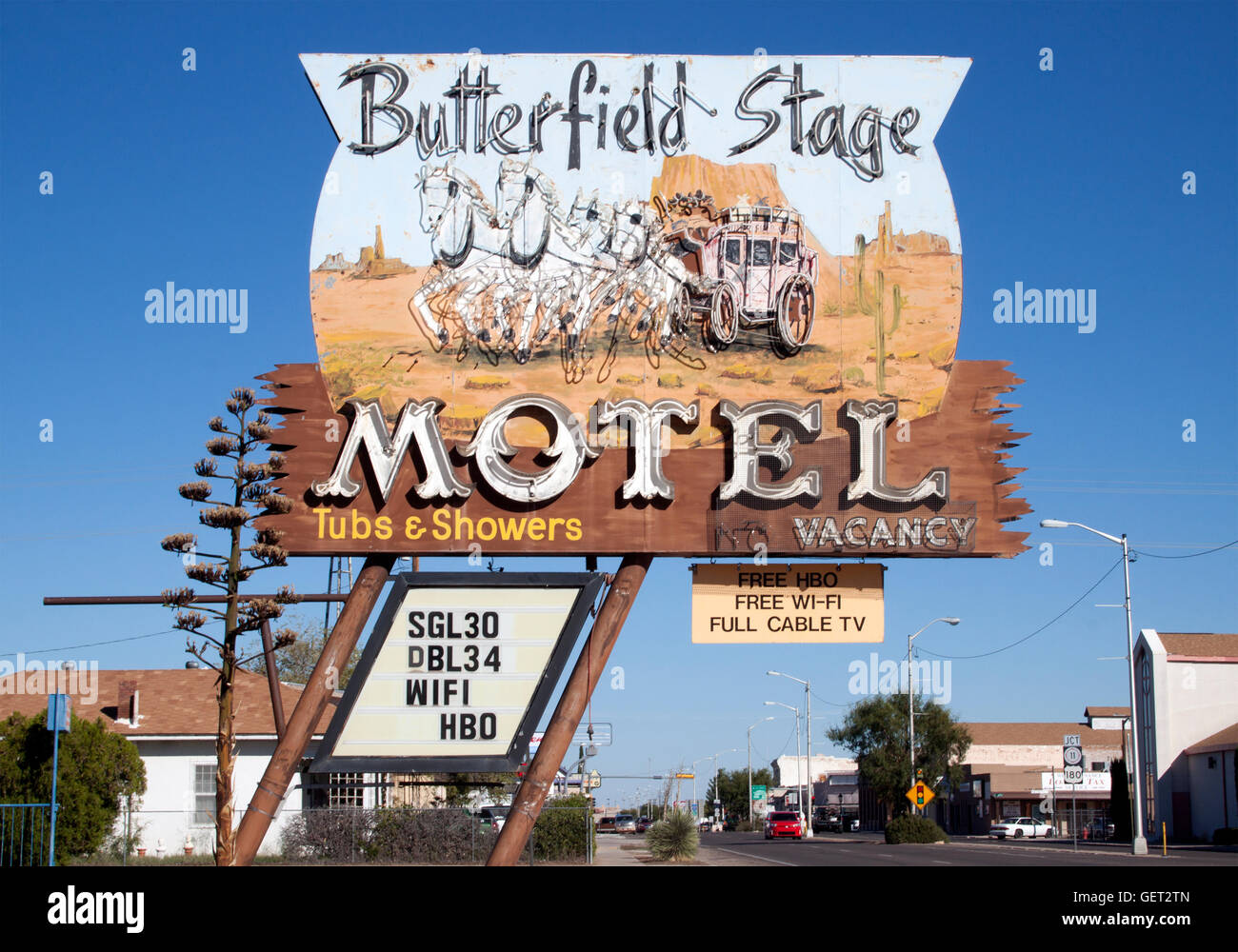 Butterfield Stage coach Motel sign in Deming New Mexico Stock Photo