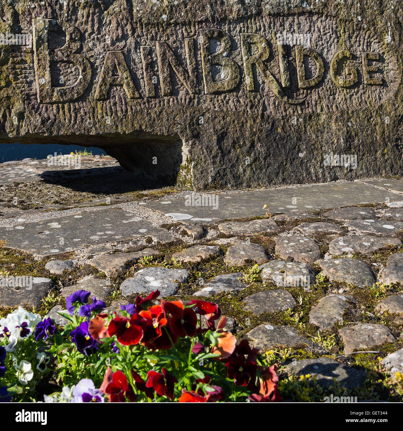The Beautiful Stone Sign for Bainbridge Village with Pansy Bedding Plants in the Yorkshire Dales National Park Yorkshire England United Kingdom UK Stock Photo