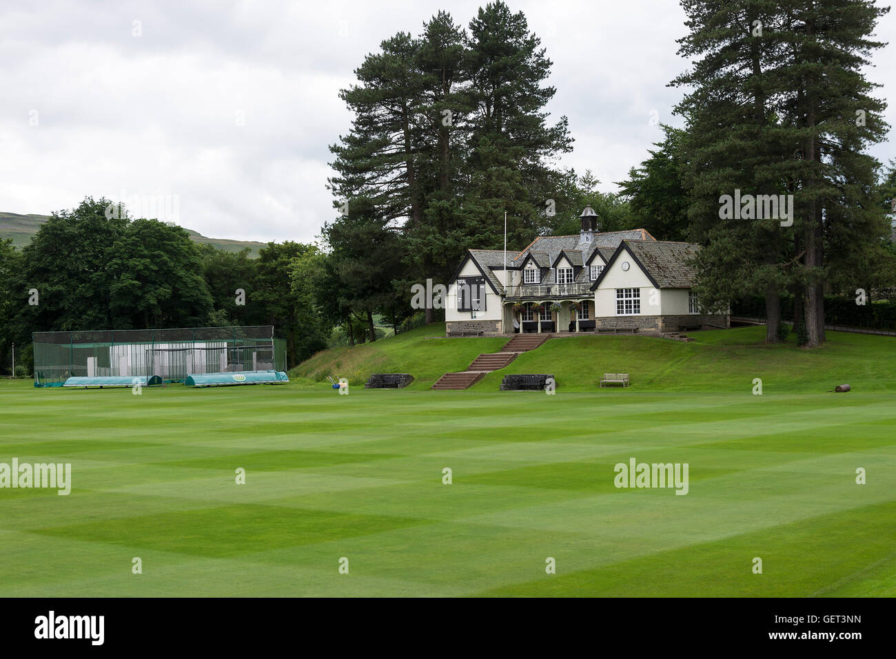 The Traditional Cricket Pavilion and Cricket Ground at Sedbergh School in Cumbria England United Kingdom UK Stock Photo