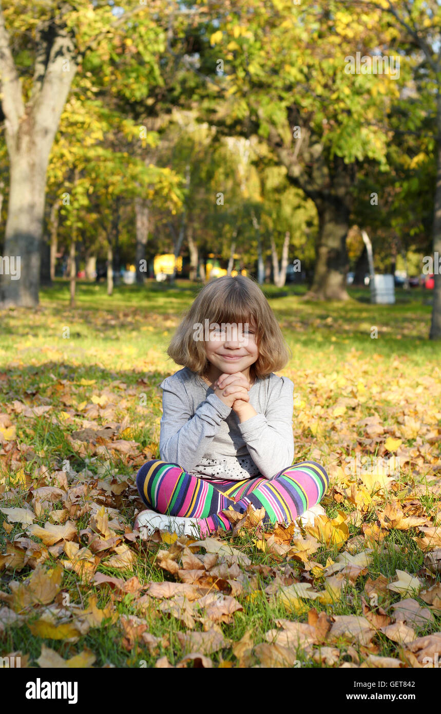 beautiful little girl sitting on autumn leaves in park Stock Photo - Alamy