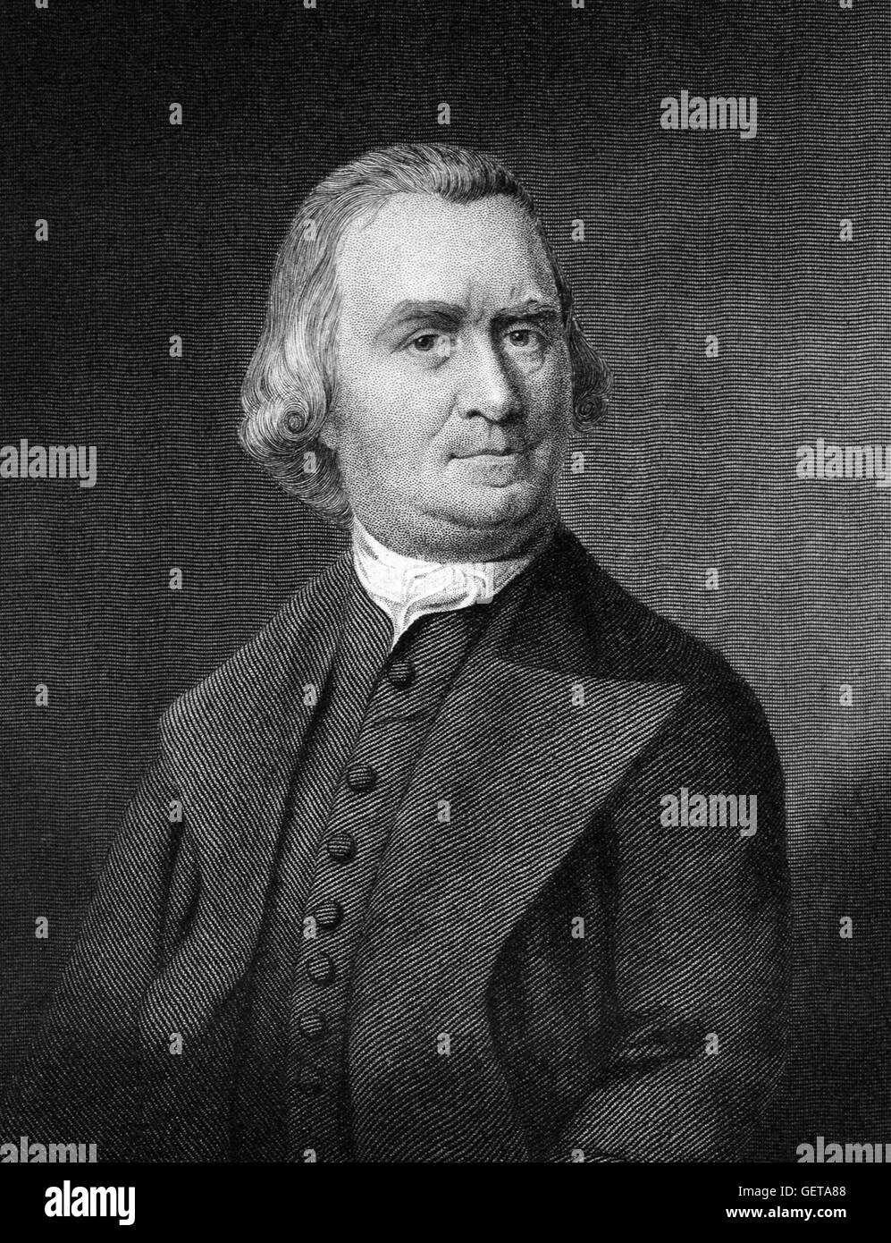 Samuel Adams (1722-1803), an American statesman, political philosopher, and one of the Founding Fathers of the United State. An 1839 engraving by G F Storm, after a drawing by James Barton Longacre, from a painting by John Singleton Copley. Stock Photo