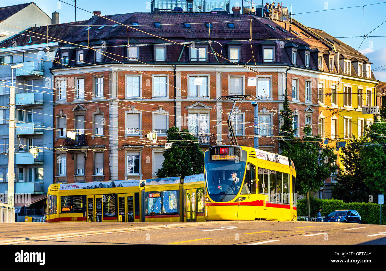 Stadler Tango tram in the city centre of Basel. Stock Photo