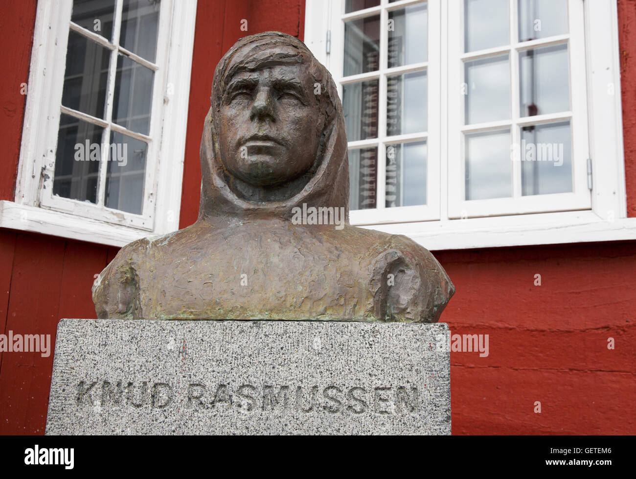 A bust of Knud Rasmussen outside the museum Ilulissat, Greenland Stock Photo