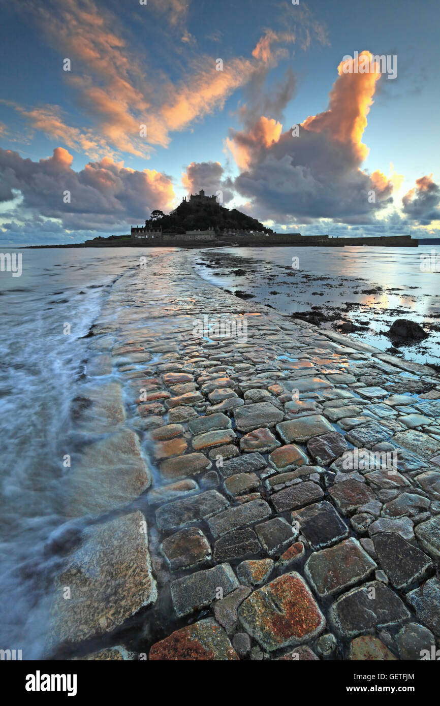 St Michaels Mount at sunset from the causeway. Stock Photo