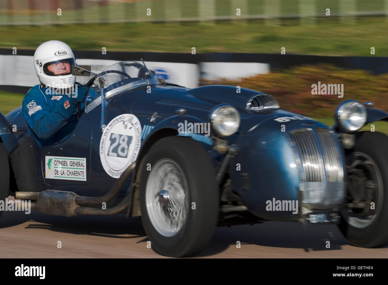 Frazer Nash le Mans at speed at Goodwood. Stock Photo