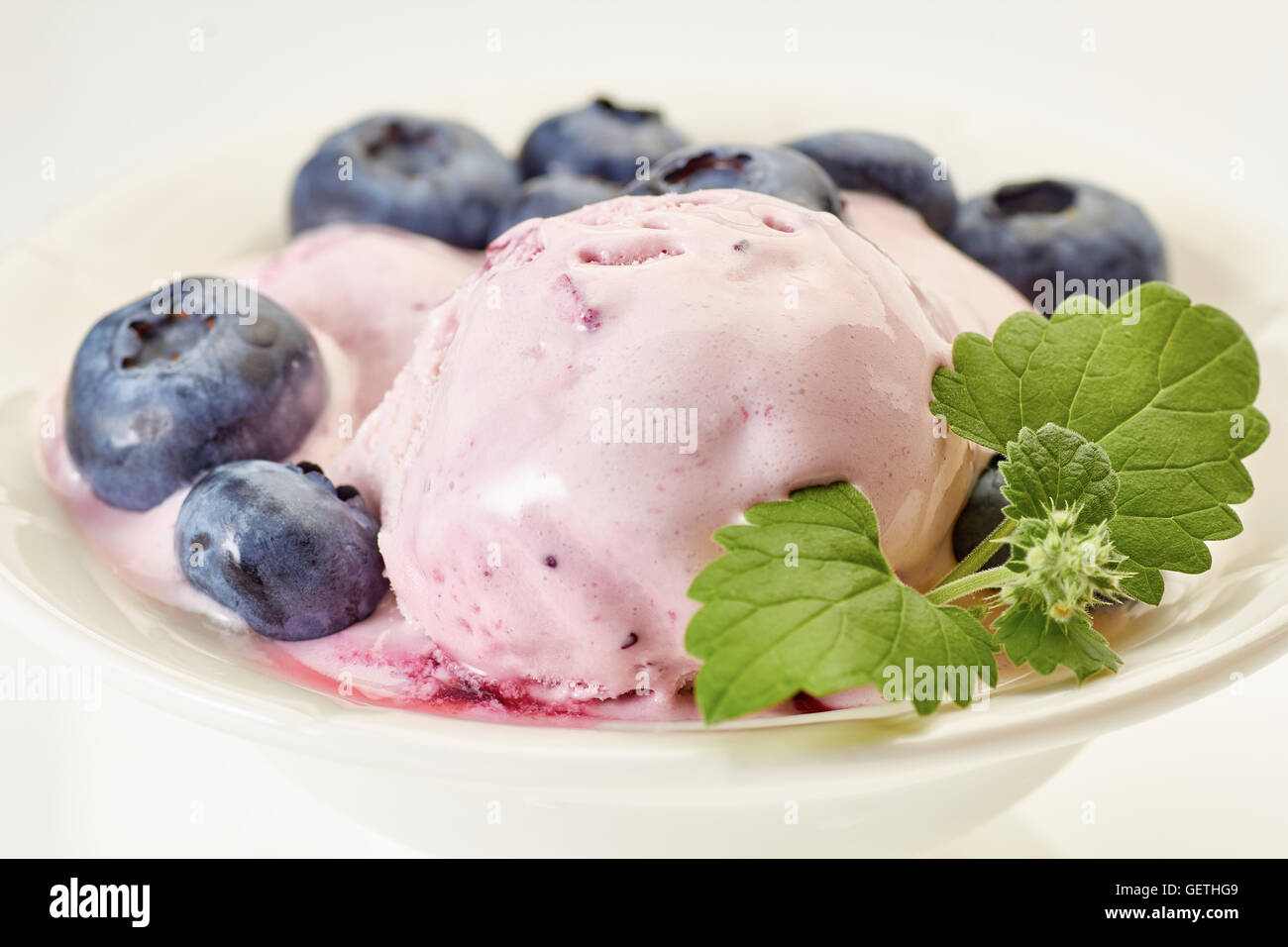 Ice cream with blueberries and branch of mint Stock Photo