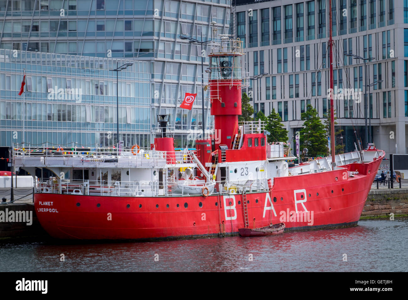 The Planet Light vessel was the last manned light ship on the Mersey Bar and is now a museum and cafe bar in Liverpool docks. Stock Photo