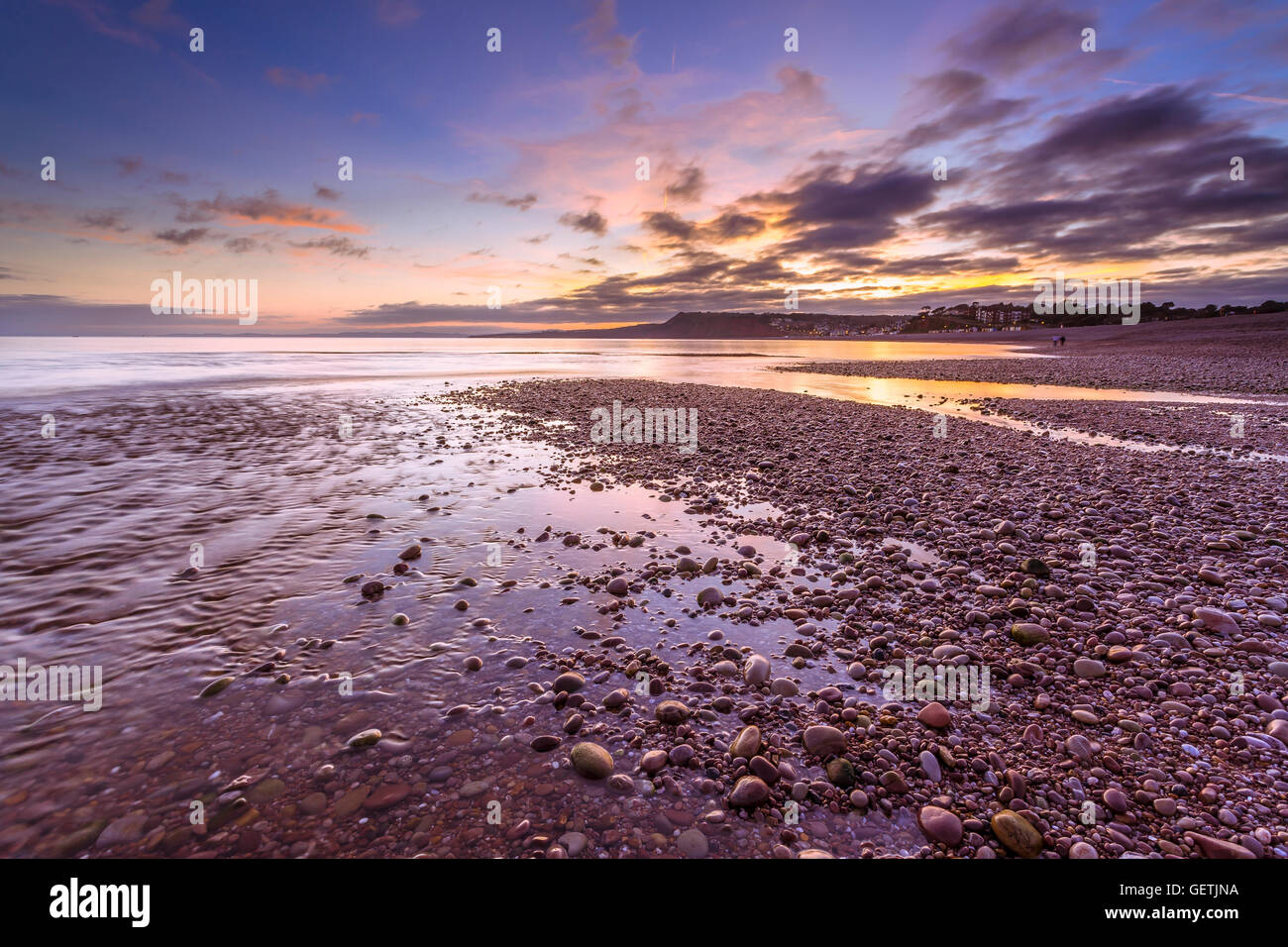 Sunset at Budleigh Salterton in the East Devon area of outstanding natural beauty. Stock Photo