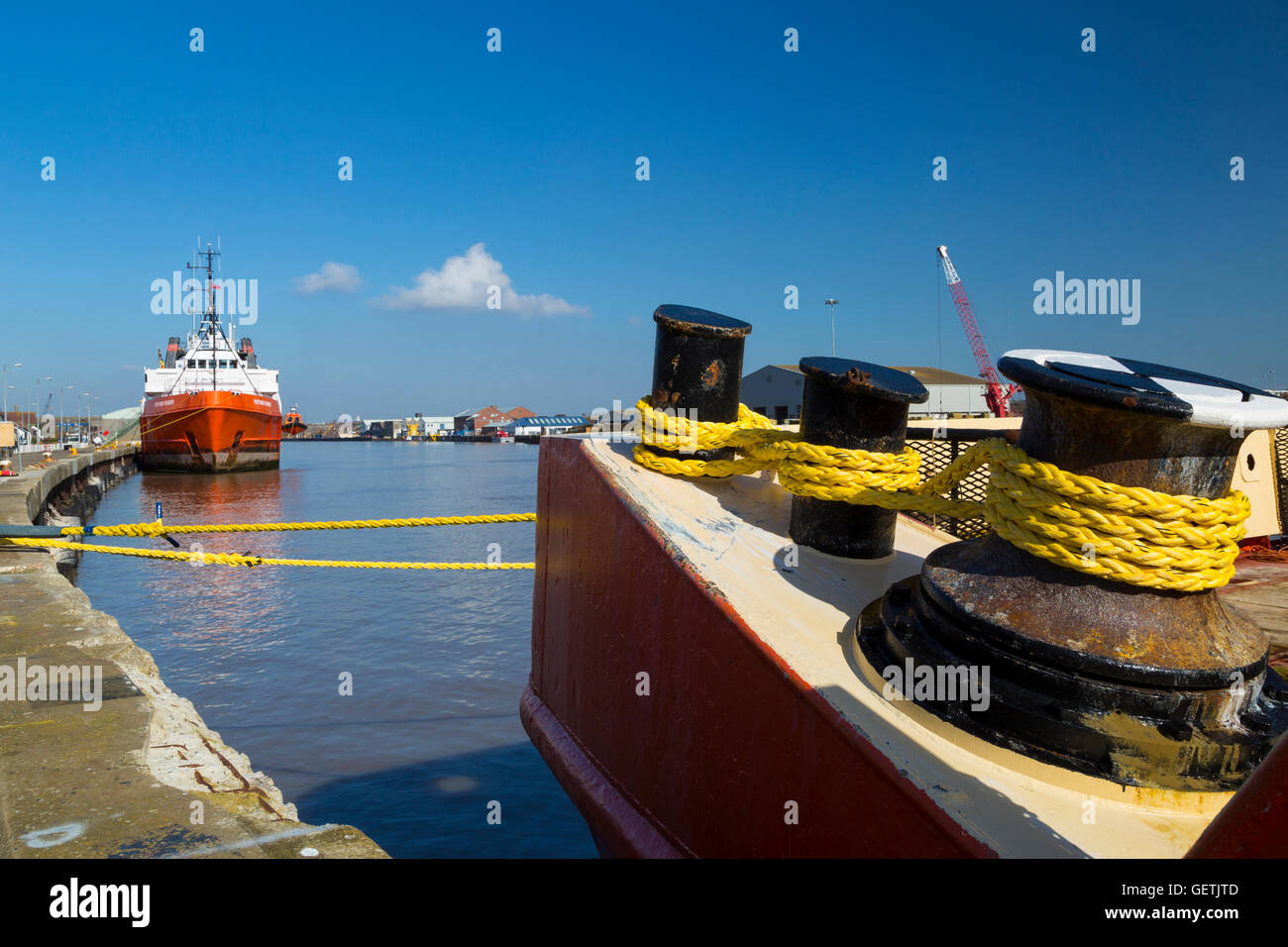 Offshore supply ships in Great Yarmouth harbour. Stock Photo