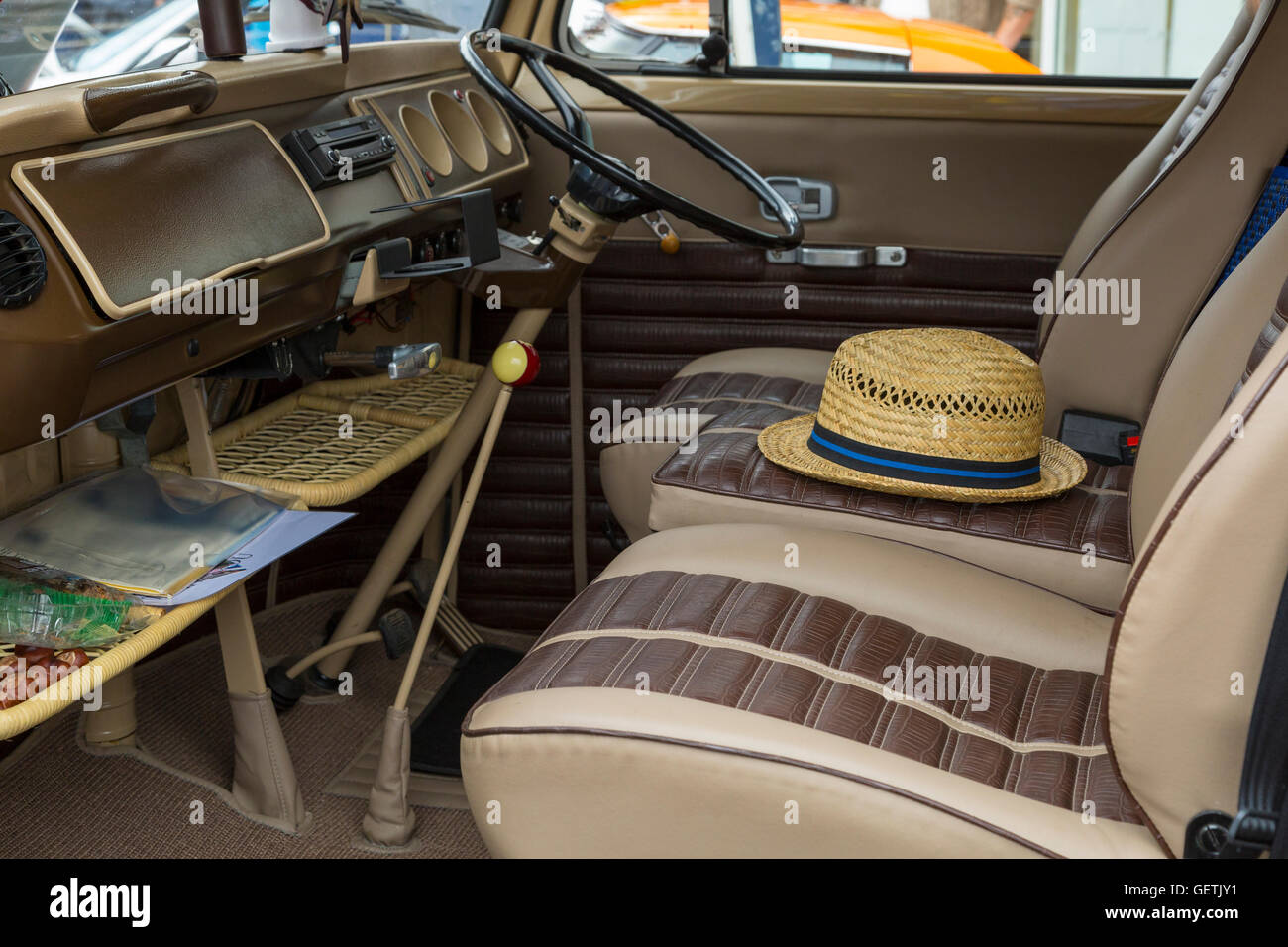 Interior of early VW Camper. Stock Photo