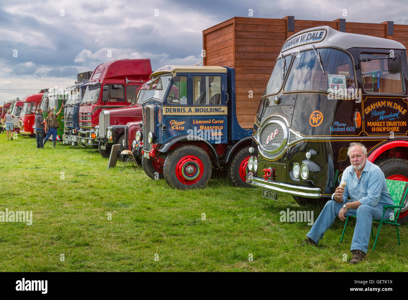 A line up of old lorries at a show. Stock Photo