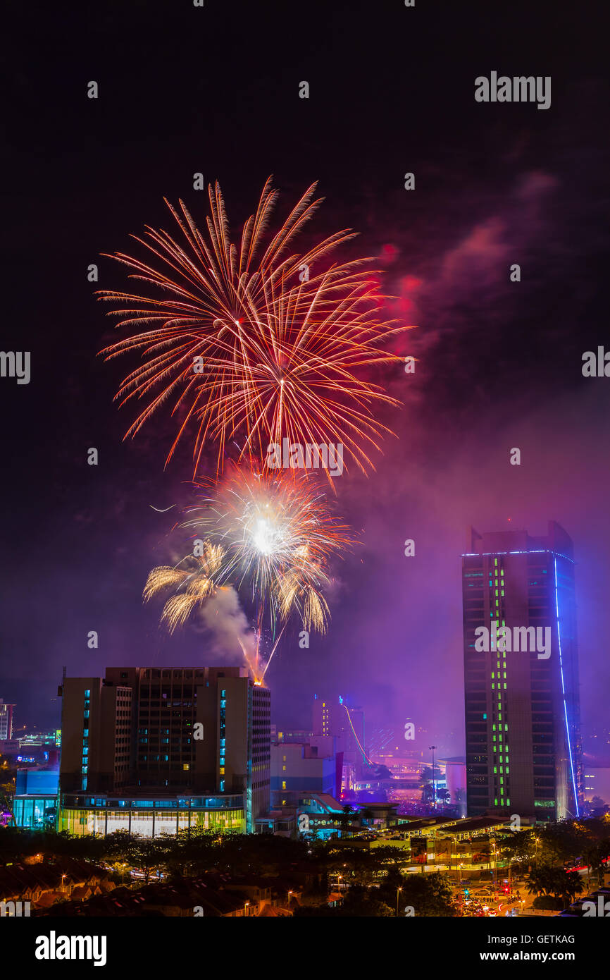 Smoky fireworks show during new year celebration in Mutiara Damansara Stock Photo