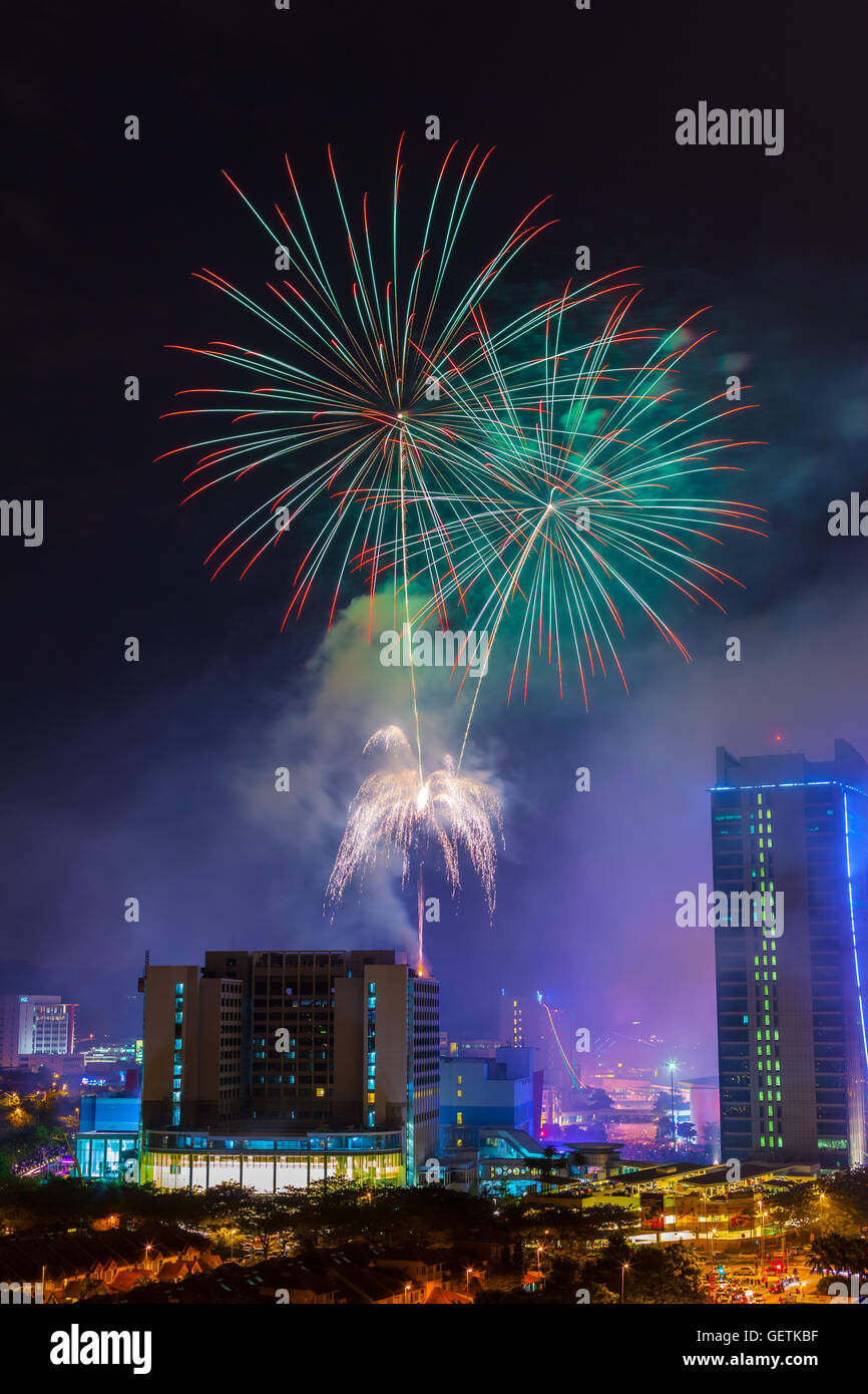 Smoky fireworks show during new year celebration in Mutiara Damansara Stock Photo
