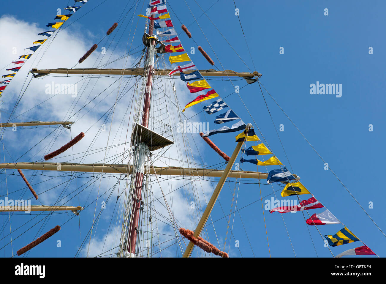 Rigging and flags of the Dar Mlodziezy in Falmouth harbour during the