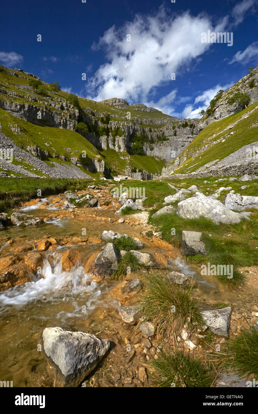 A view of Gordale Beck flowing out of Gordale Scar. Stock Photo