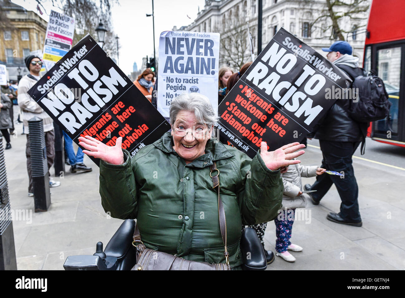 A disabled protester in her wheelchair attending an anti-fascist demonstration in Whitehall Stock Photo