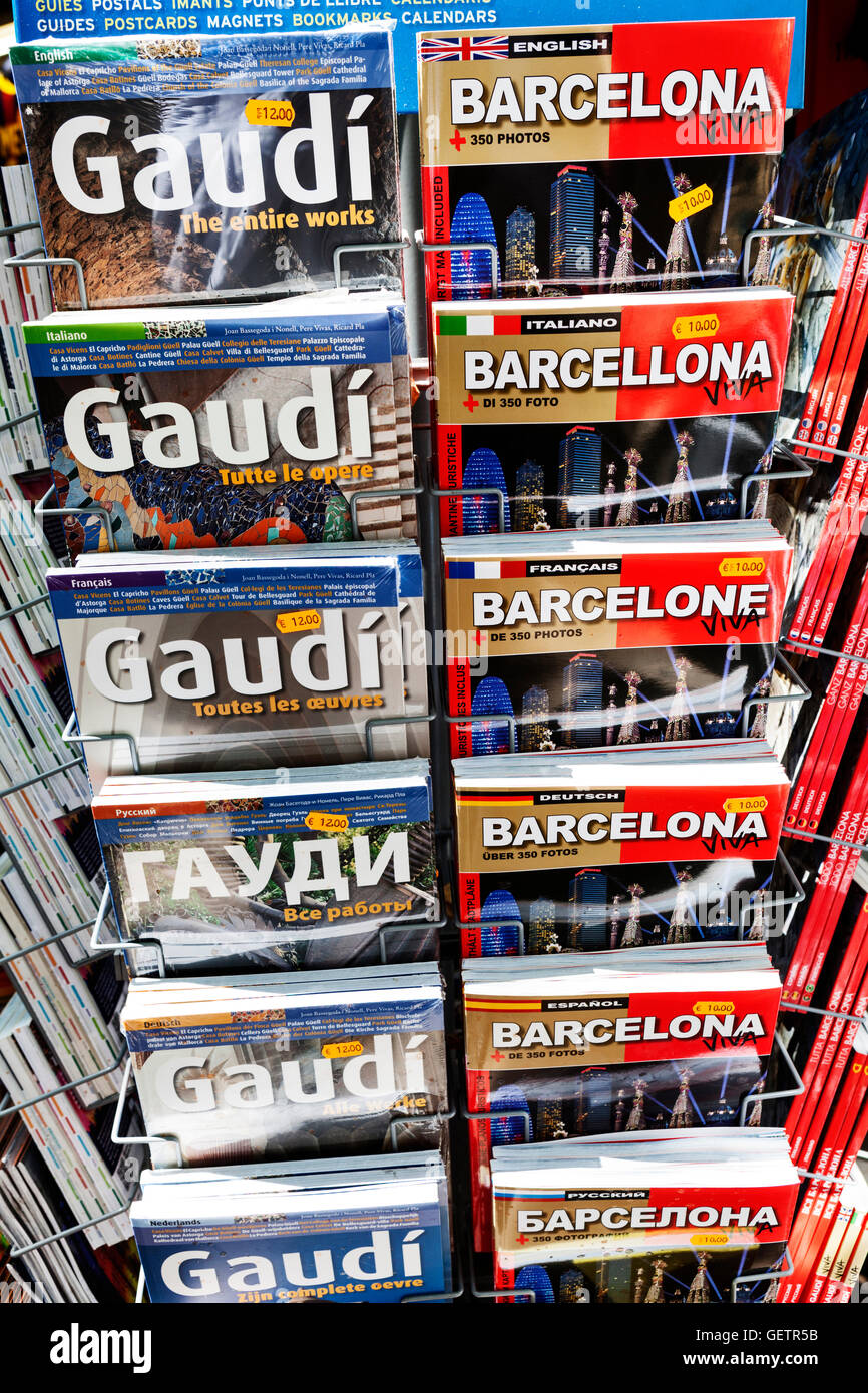 Barcelona and Gaudi books on an outdoor display rack. Stock Photo