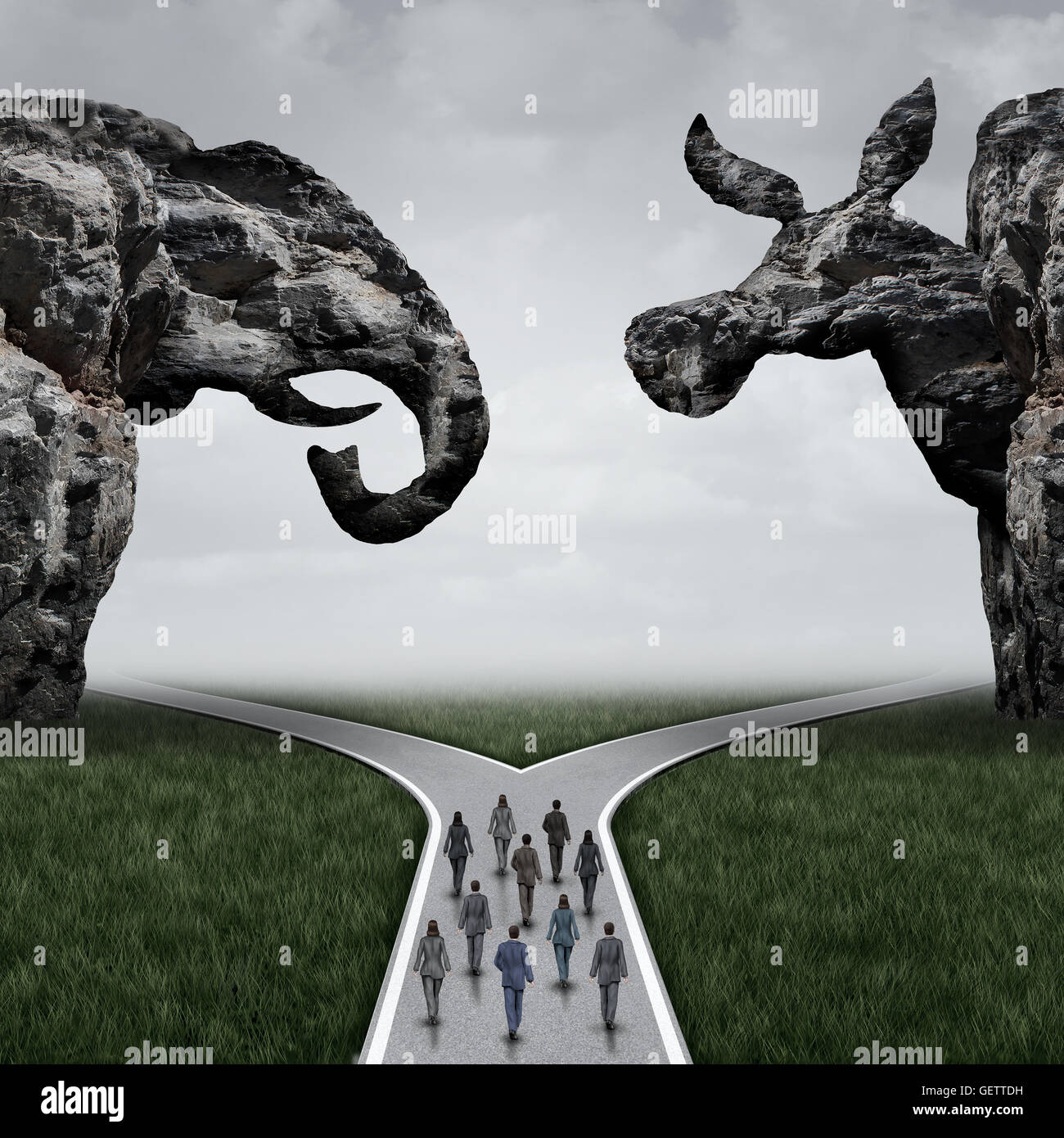 American election decision and voting in the USA concept as voters walking towards a fork in the road under a cliff shaped as an elephant and donkey representing conservative and liberal choices with 3D illustration elements. Stock Photo
