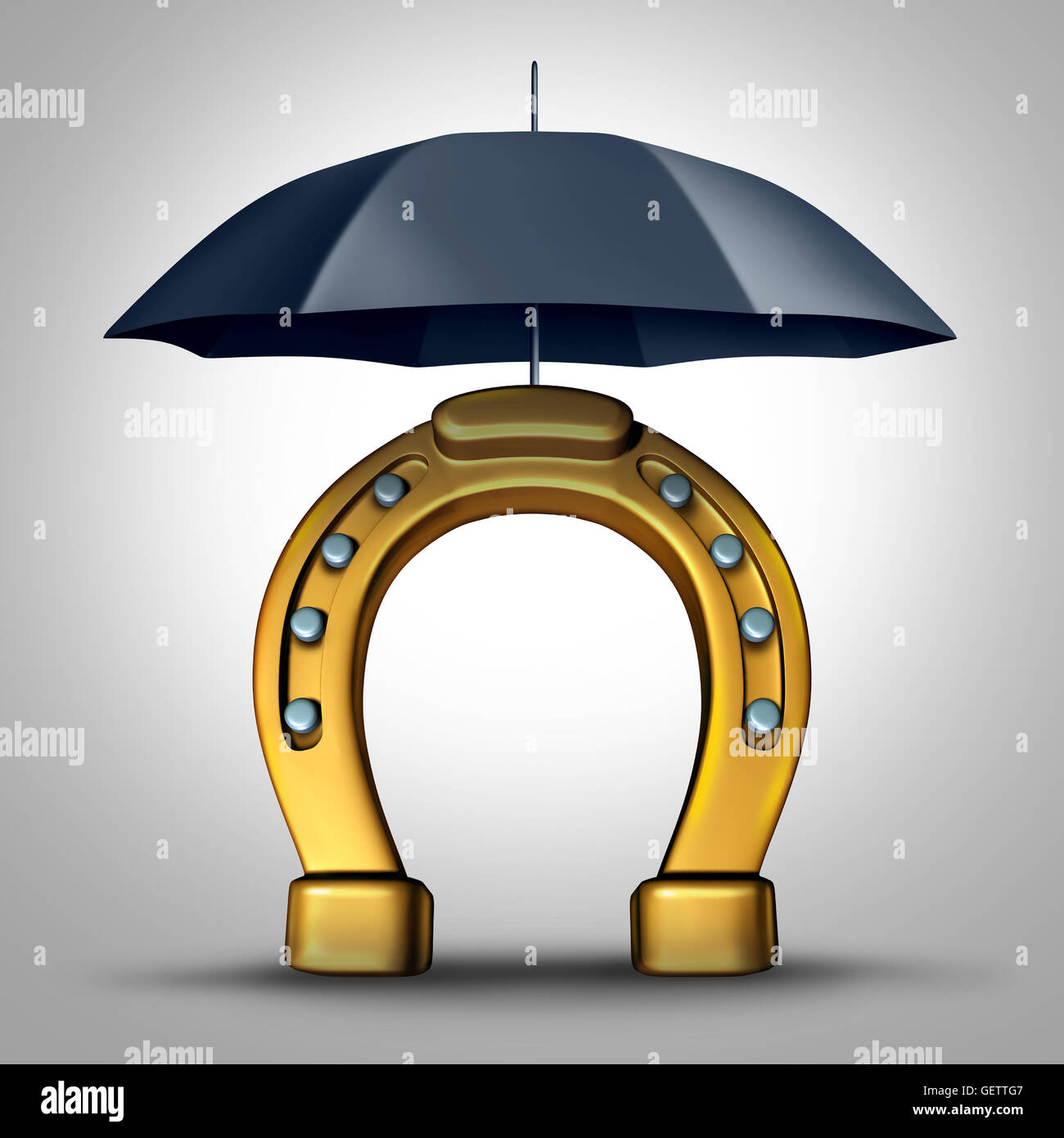 Financial prosperity security and protecting fortune wealth metaphor and luck concept as a horse shoe or horseshoe icon pretected by an umbrella as a 3D illustration. Stock Photo