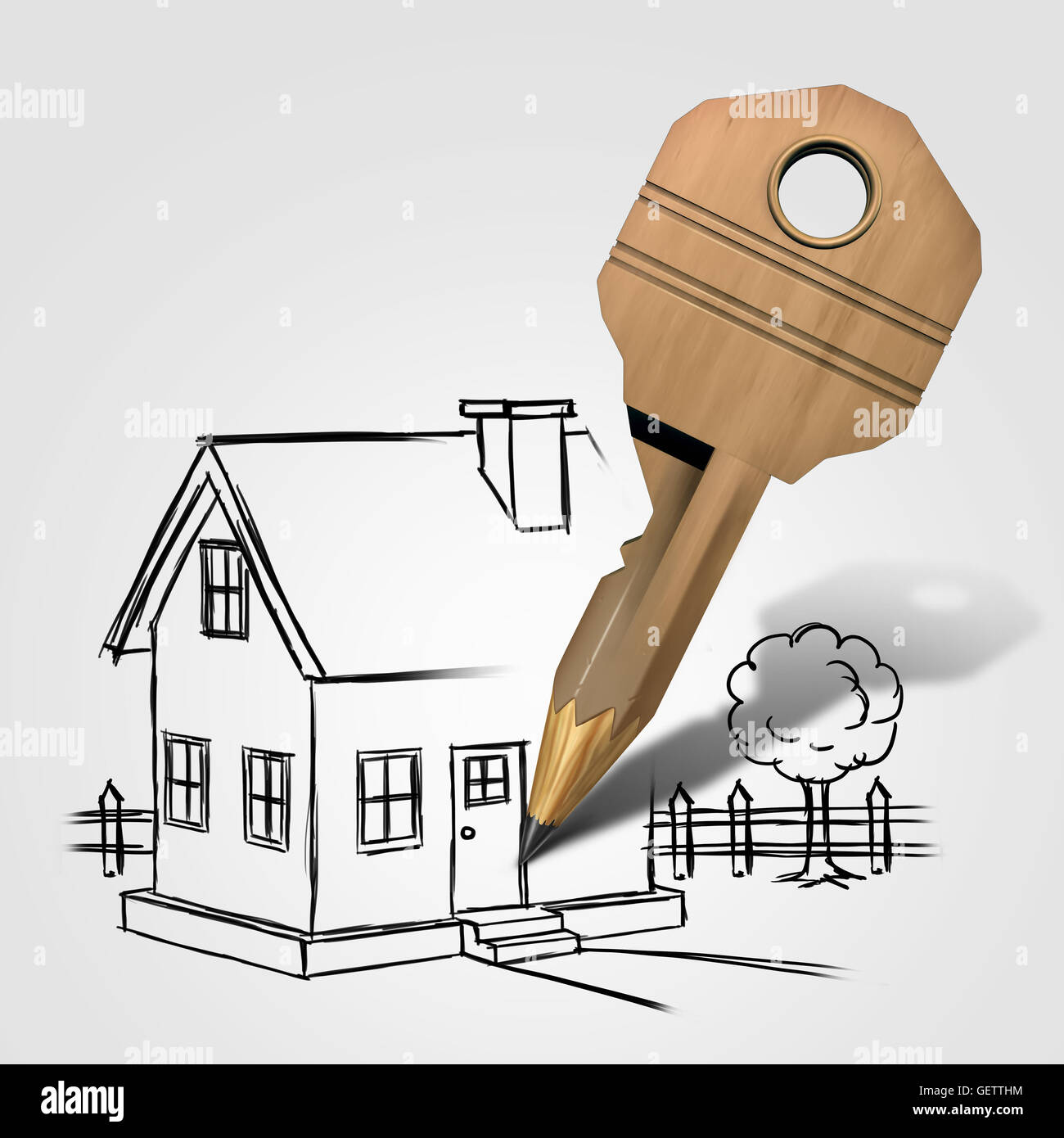 House key drawing and planning a family home solution concept as a pencil shaped lock object sketching a dream residence as an architecture and construction or renovation symbol with 3D ilustration elements. Stock Photo