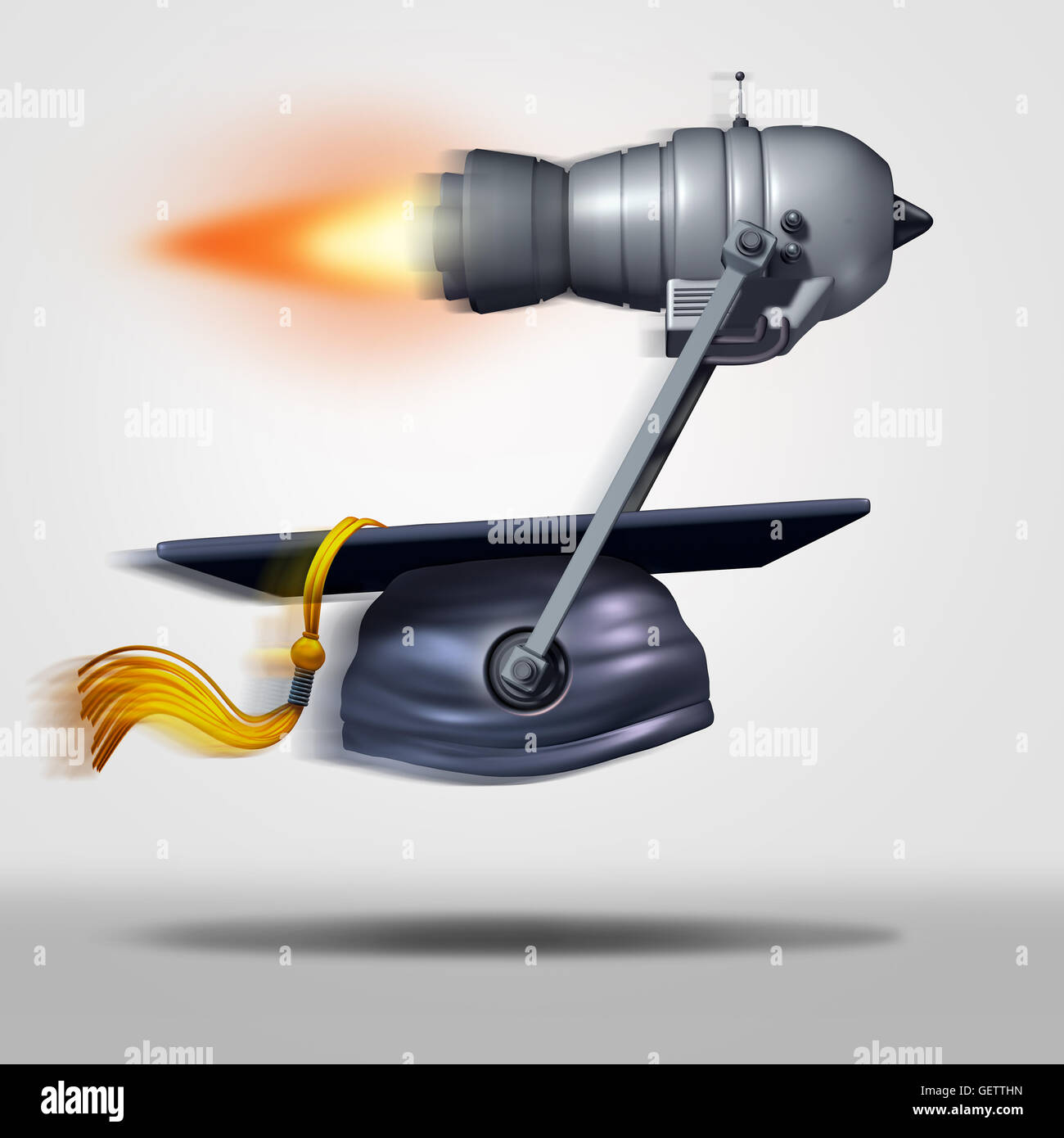 Learn faster and fast education or speed learning concept as a jet engine moving a graduation cap as a metaphor for rapid student success or career goals as a 3D illustration. Stock Photo