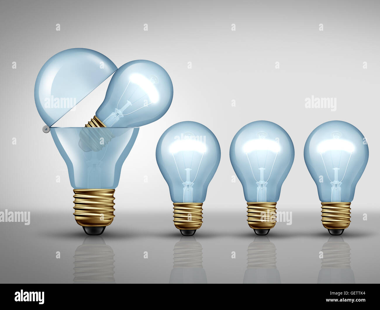 Productivity concept and fertile imagination business symbol as an open light bulb or lightbulb creating smaller lights as a prolific idea creation metaphor or clever manufacturing strategy icon as a 3D illustration. Stock Photo