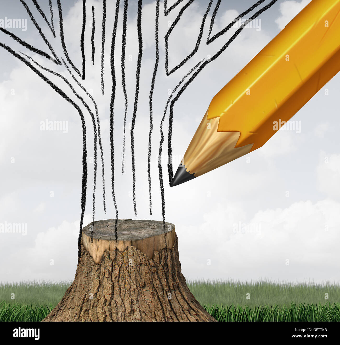 Reforestation and conservation climate as an environmental concept with a pencil drawing the missing part of a cut tree trunk as a symbol for climate change sustainable ecological management with 3D illustration elements. Stock Photo