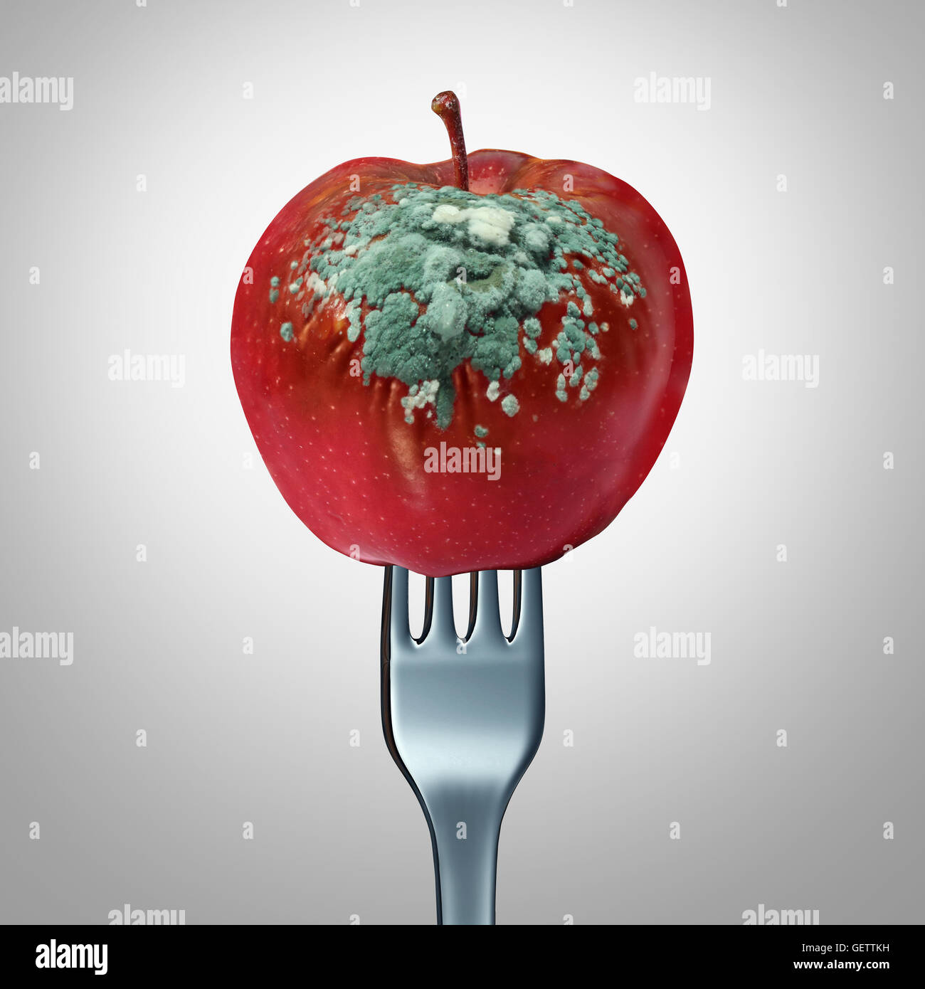 Rotten food symbol and spoiled awful meal concept as a fork holding a spoiled apple with fungus growing with 3D illustration elements as a metaphor for meals that are not fresh. Stock Photo