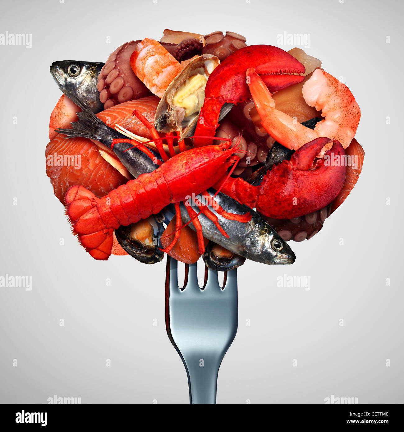 Seafood concept as a group of shellfish crustacean and fish  grouped together on a fork as a fresh meal from the ocean as lobster steamed clams mussels shrimp octopus and sardines as a sea gourmet dinner icon with 3D illustration Elements. Stock Photo