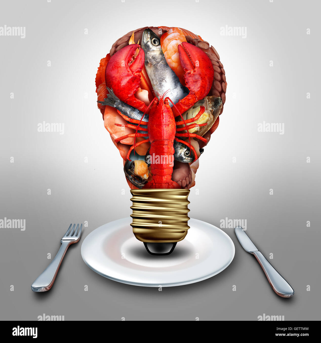 Seafood idea and thinking sea food menu ideas as shellfish crustacean and fish grouped together shaped as a lightbulb or light bulb symbol on a diner plate with lobster clams mussels shrimp octopus and sardines as a cooking inspiration metaphor. Stock Photo