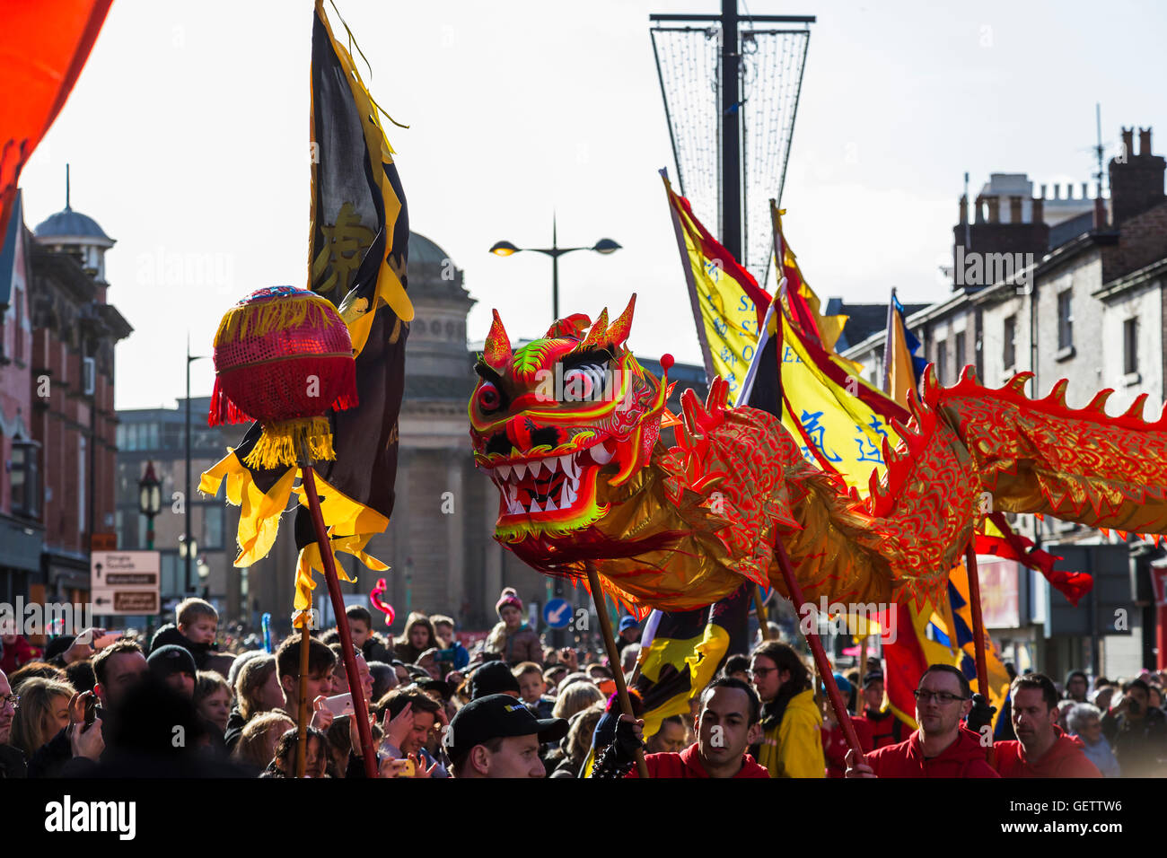 Dragon dance at Chinese New Year in Liverpool. Stock Photo