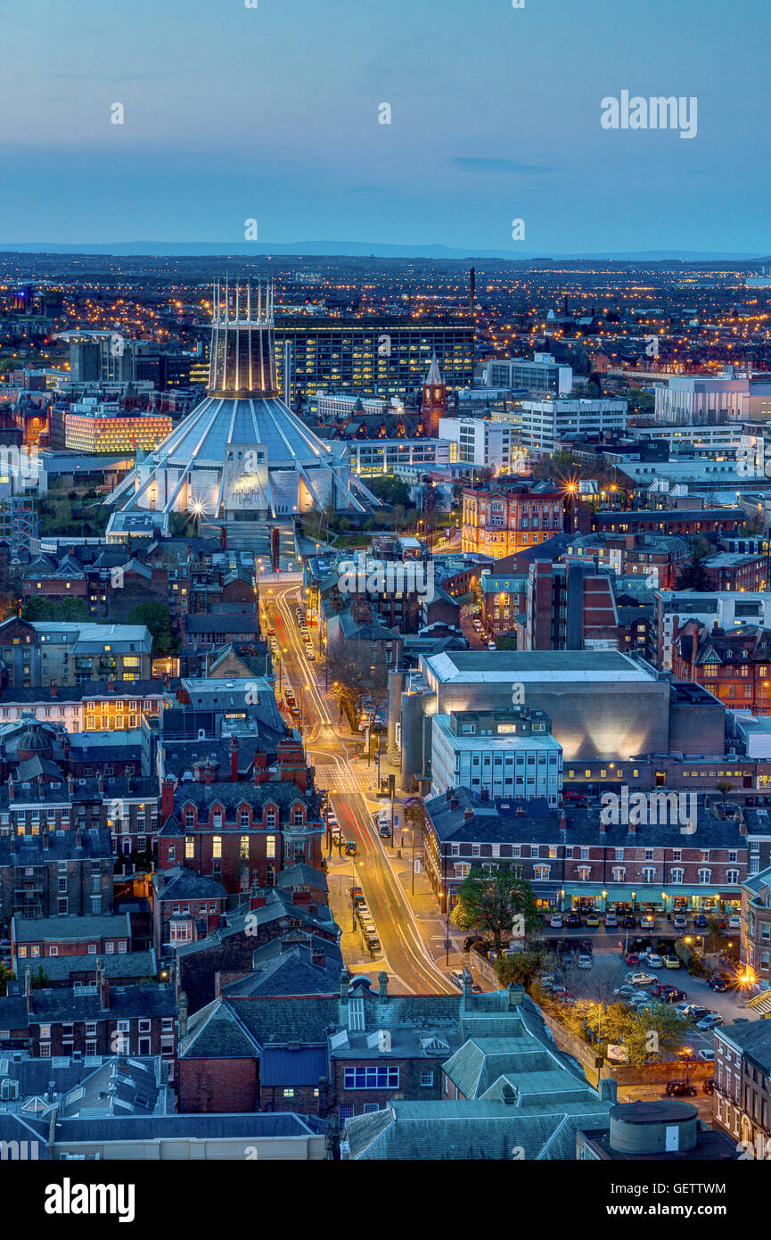 Liverpool's Metropolitan cathedral captured from the top of the Anglican cathedral. Stock Photo