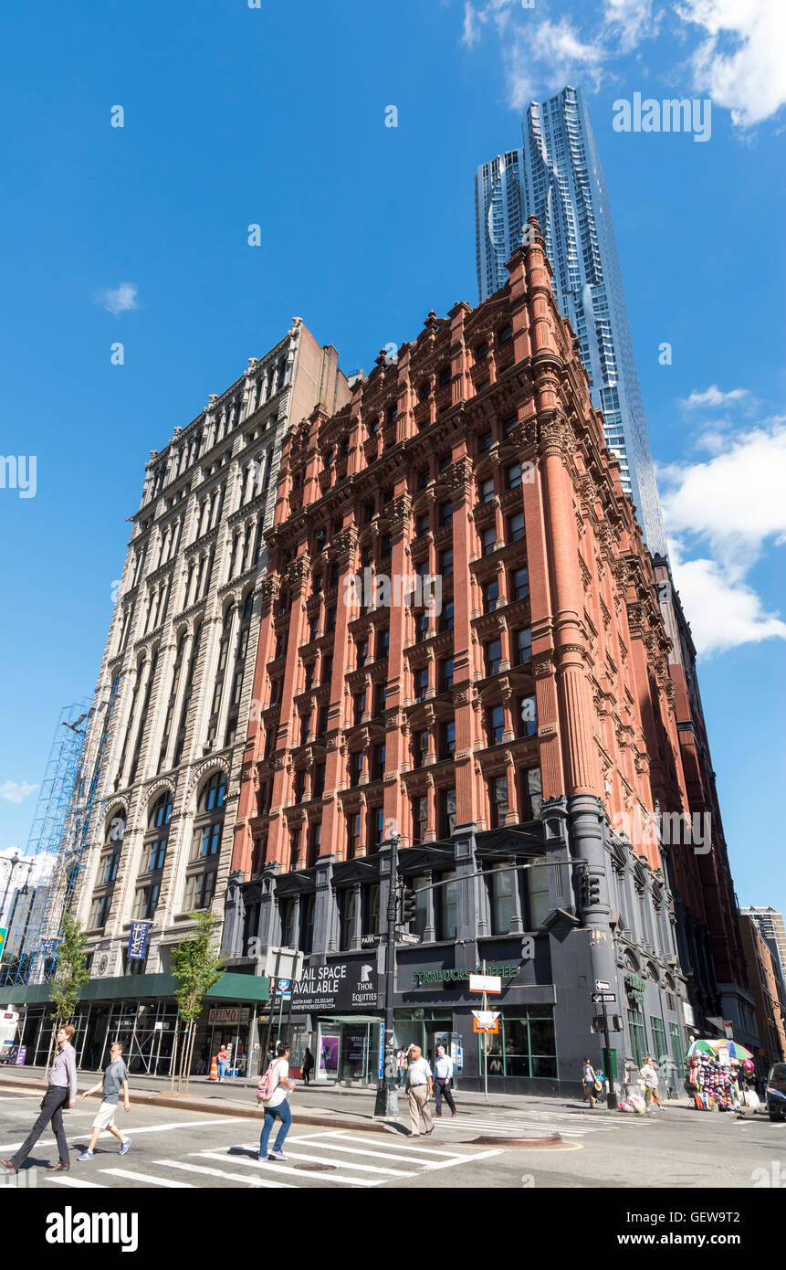 Landmarked buildings (Potter Building and old New York Times Building) on Park Row in Civic Center area of New York Stock Photo