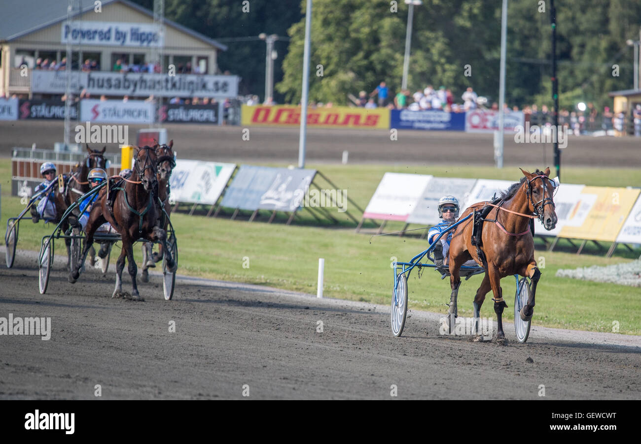 Harness racing driver Erik Adielsson winning with Anna Mix at a summer meeting at Axevalla harness racing track Stock Photo