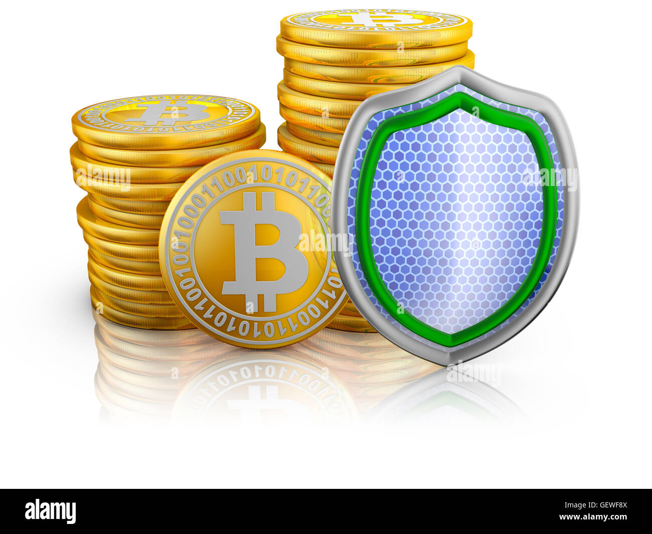 Bitcoins stacks of and shield, 3d render Stock Photo - Alamy